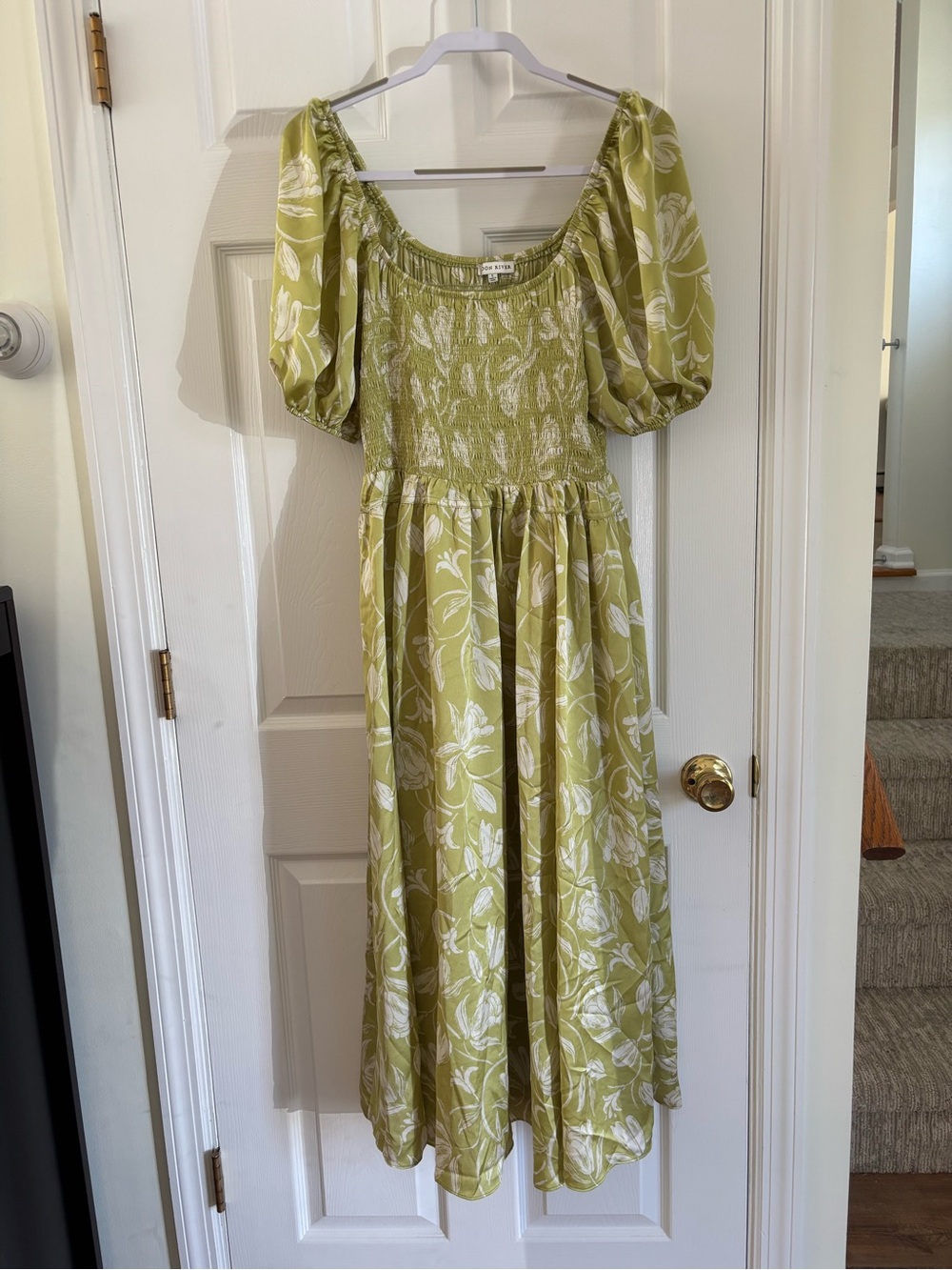 Moon River Olive Green Floral Smocked Midi Dress